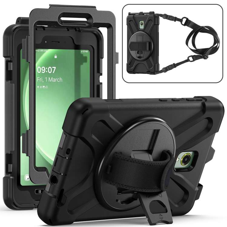 For Samsung Galaxy Tab Active5 X300 Rotary Grip Silicone Hybrid PC Tablet Case with Sh ... (Black)