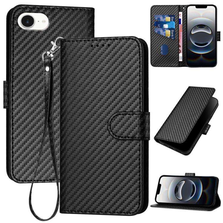 For iPhone 17e / 16e YX0070 Carbon Fiber Buckle Leather Phone Case with Lanyard(Black)