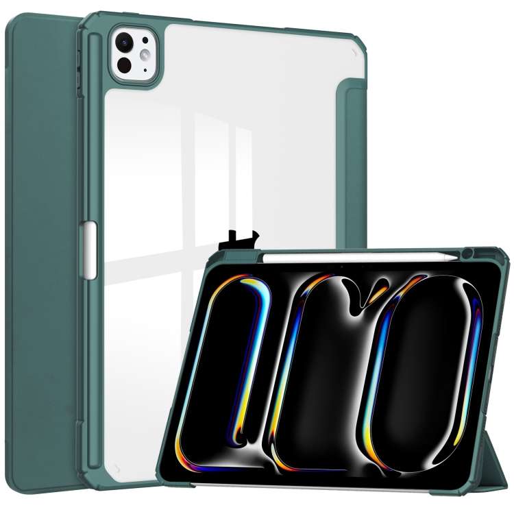For iPad Pro 13 2025 / 2024 Pure Color 3-fold Clear TPU Smart Leather Tablet Case(Dark Green)