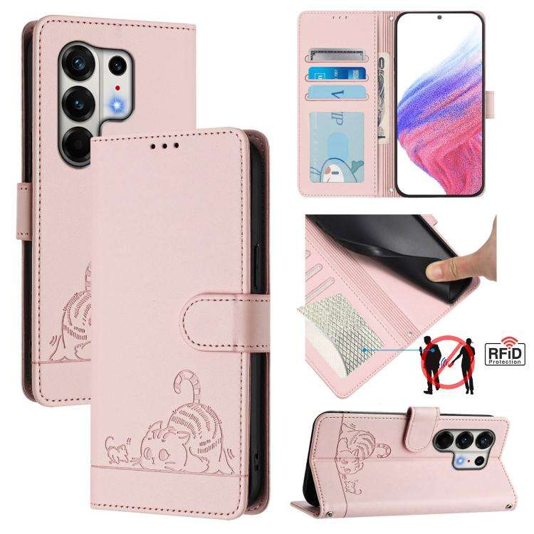 For Tecno Camon 50 Pro 4G Cat Rat Embossed Pattern RFID Leather Phone Case with Lanyard(Pink)