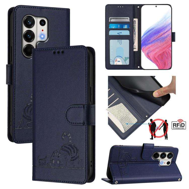 For Tecno Camon 50 Pro 4G Cat Rat Embossed Pattern RFID Leather Phone Case with Lanyard(Blue)
