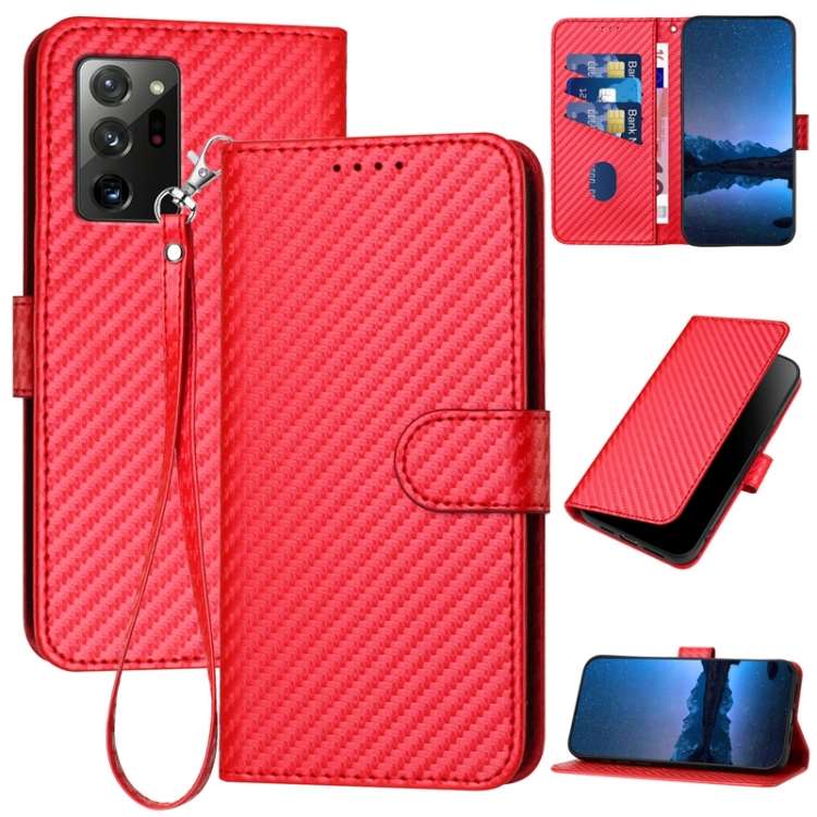 For Samsung Galaxy Note20 YX0070 Carbon Fiber Buckle Leather Phone Case with Lanyard(Red)