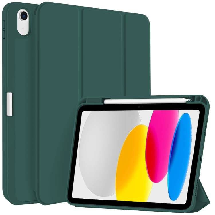 For iPad 2025 / 2022 3-fold TPU Smart Leather Tablet Case with Pen Slot(Dark Green)