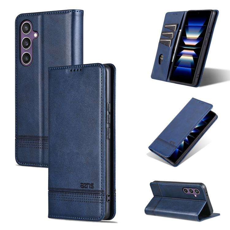 For Samsung Galaxy S25 FE 5G AZNS Magnetic Calf Texture Flip Leather Phone Case(Dark Blue)
