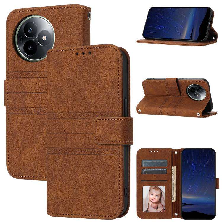 For Redmi K80 Ultra Embossed Stripes Skin Feel Leather Phone Case(Brown)