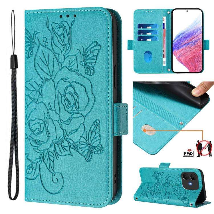 For TCL K70 Power 4G / K70 4G Embossed Rose RFID Anti-theft Leather Phone Case(Light Blue)