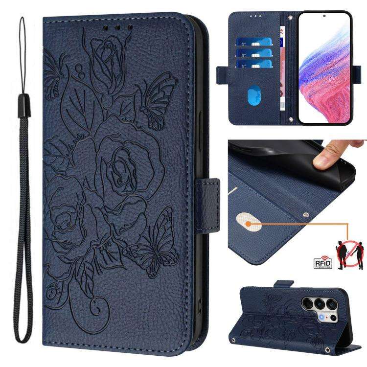 For Tecno Camon 50 Pro 4G Embossed Rose RFID Anti-theft Leather Phone Case(Dark Blue)