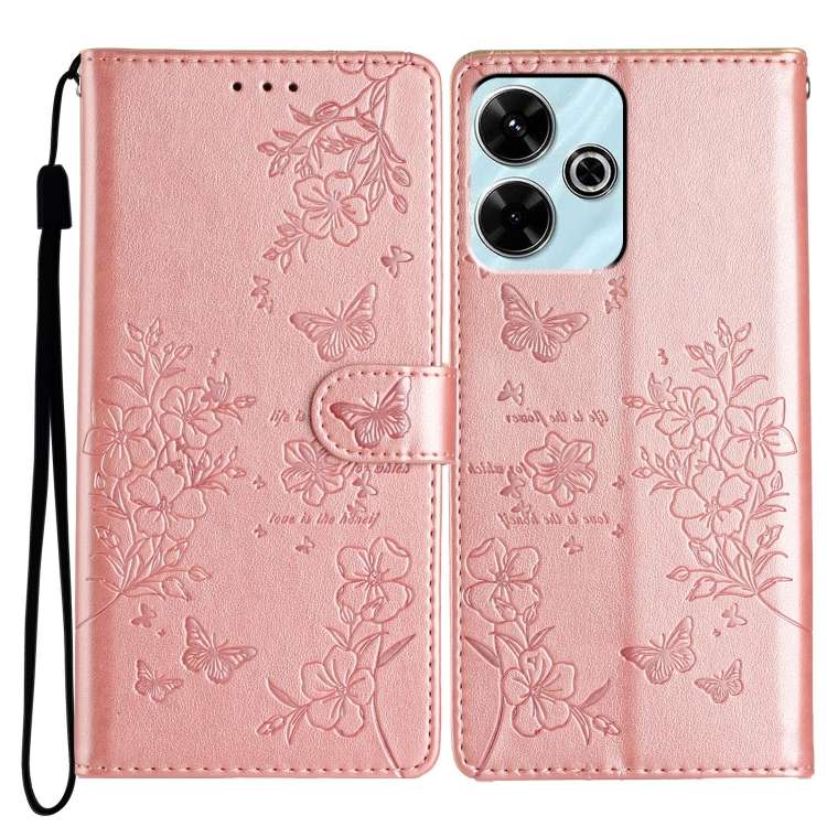 For Redmi 13 4G Butterflies and Flowers Leather Phone Case(Rose Gold)