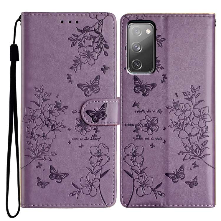 For Samsung Galaxy S20 FE Butterflies and Flowers Leather Phone Case(Purple)