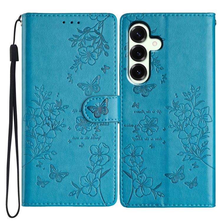 For Samsung Galaxy S25 FE 5G Butterflies and Flowers Leather Phone Case(Blue)