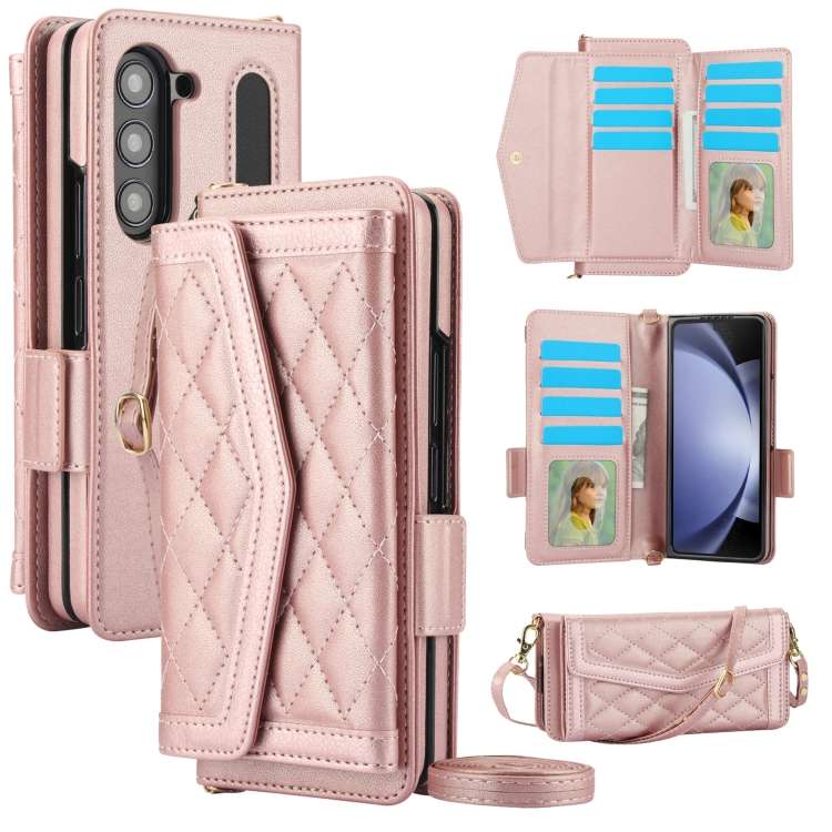 For Samsung Galaxy Z Fold5 Splicing Rhombic Texture Card Holder Phone Case with La ... (Rose Gold)