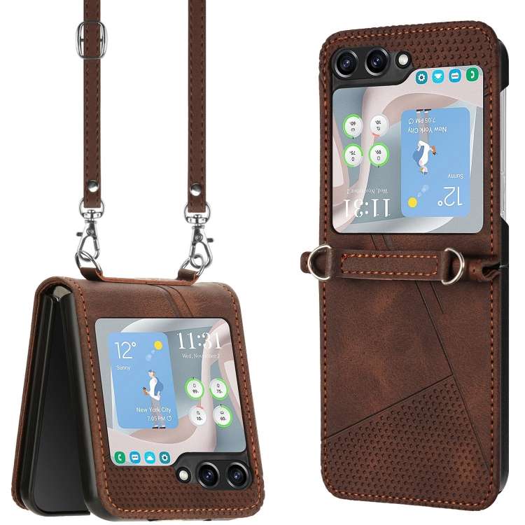 For Samsung Galaxy Z Flip5 Dream Triangle Leather Phone Case with Lanyard(Brown)