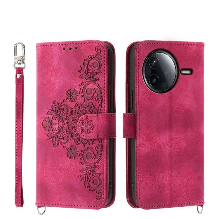 For Redmi K80 / K80 Pro Skin Feel Flowers Embossed Wallet Leather Phone Case(Wine Red)