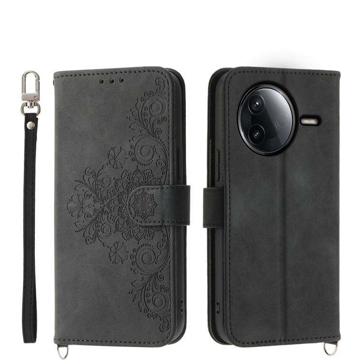 For Redmi K80 / K80 Pro Skin Feel Flowers Embossed Wallet Leather Phone Case(Black)