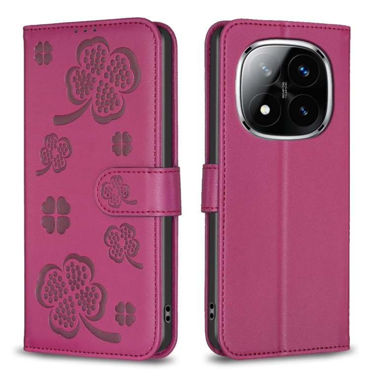 For Redmi Note 14 Pro 5G / Note 14 Pro+ 5G Four-leaf Embossed Leather Phone Case(Rose Red)