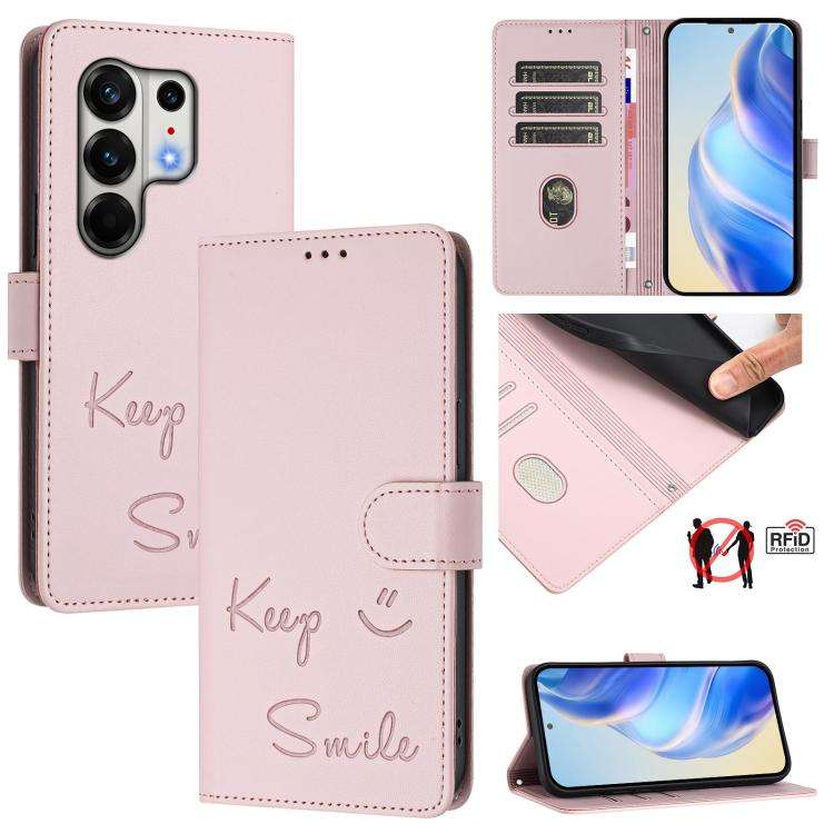 For Tecno Camon 50 Pro 4G Smile Embossing RFID Leather Phone Case(Pink)