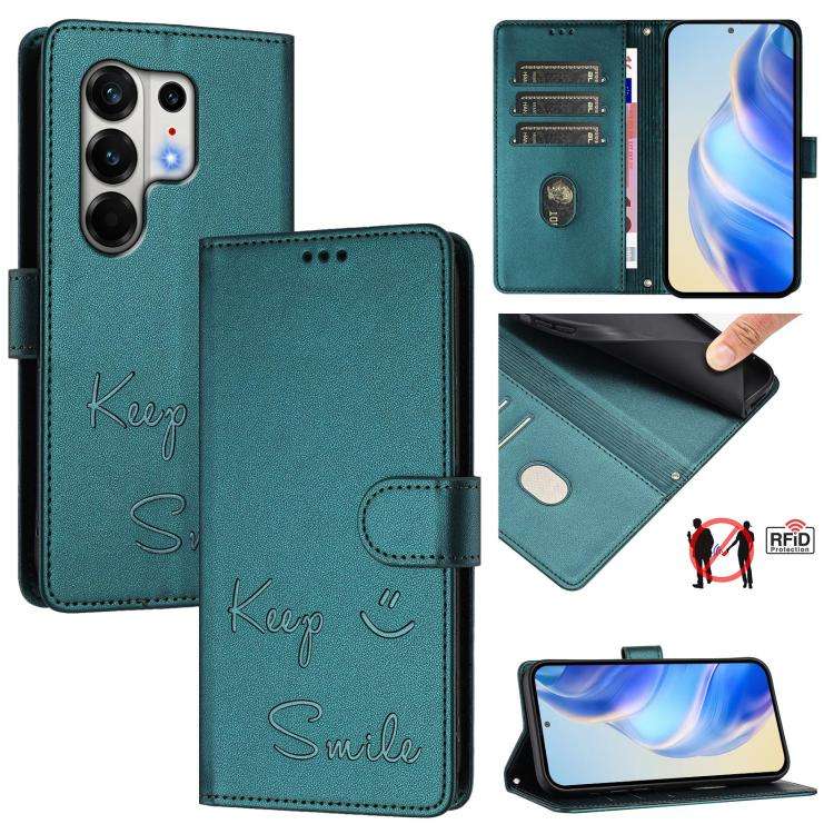 For Tecno Camon 50 Pro 4G Smile Embossing RFID Leather Phone Case(Peacock Green)
