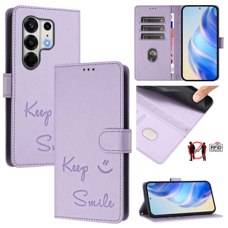 For Tecno Camon 50 Pro 4G Smile Embossing RFID Leather Phone Case(Light Purple)