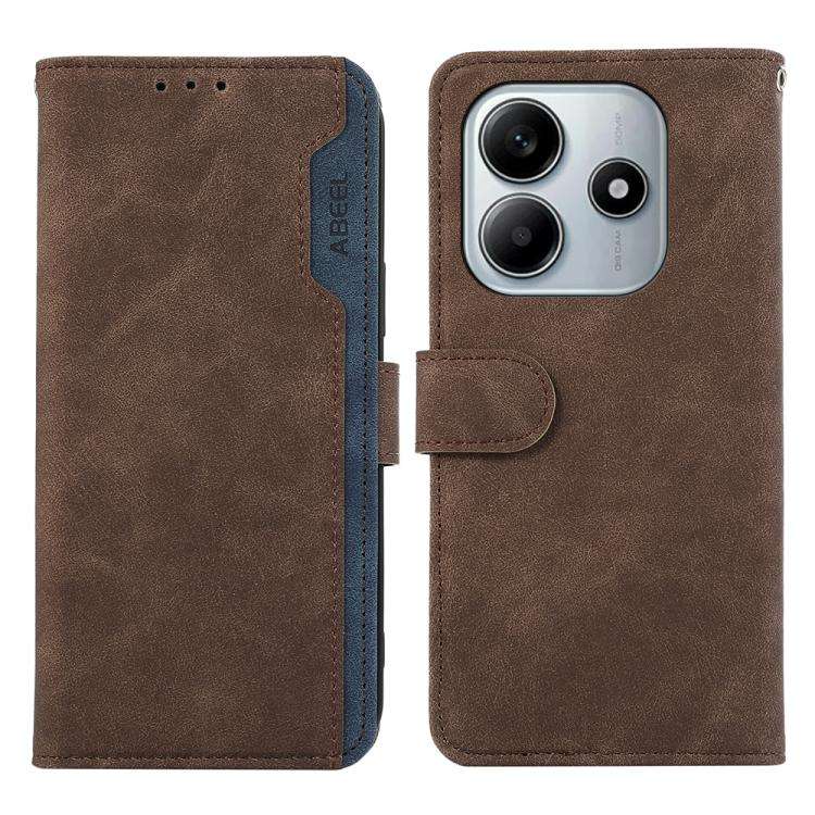 For Redmi Note 14 4G 164.84mm ABEEL Color Block Magnetic RFID Leather Phone Case(Brown-Blue)