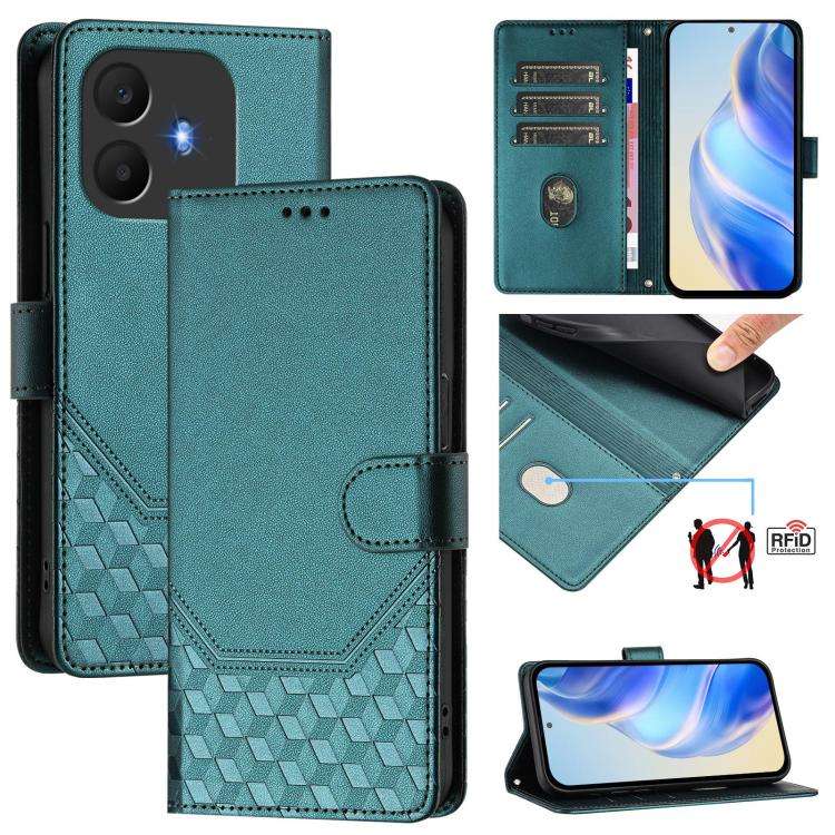 For TCL K70 Power 4G / K70 4G Honeycomb Embossing RFID Leather Phone Case(Peacock Green)