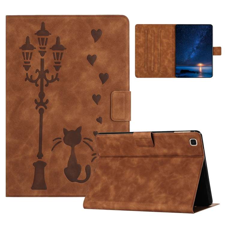 For Samsung Galaxy Tab A 10.1 2019 Embossed Couple Cat Smart Tablet Leather Case(Brown)