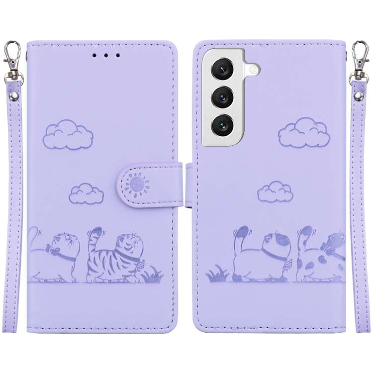 For Samsung Galaxy S22 5G Cute Cats RFID Leather Phone Case(Purple)
