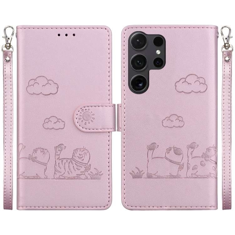 For Samsung Galaxy S25 Ultra 5G Cute Cats RFID Leather Phone Case(Rose Gold)