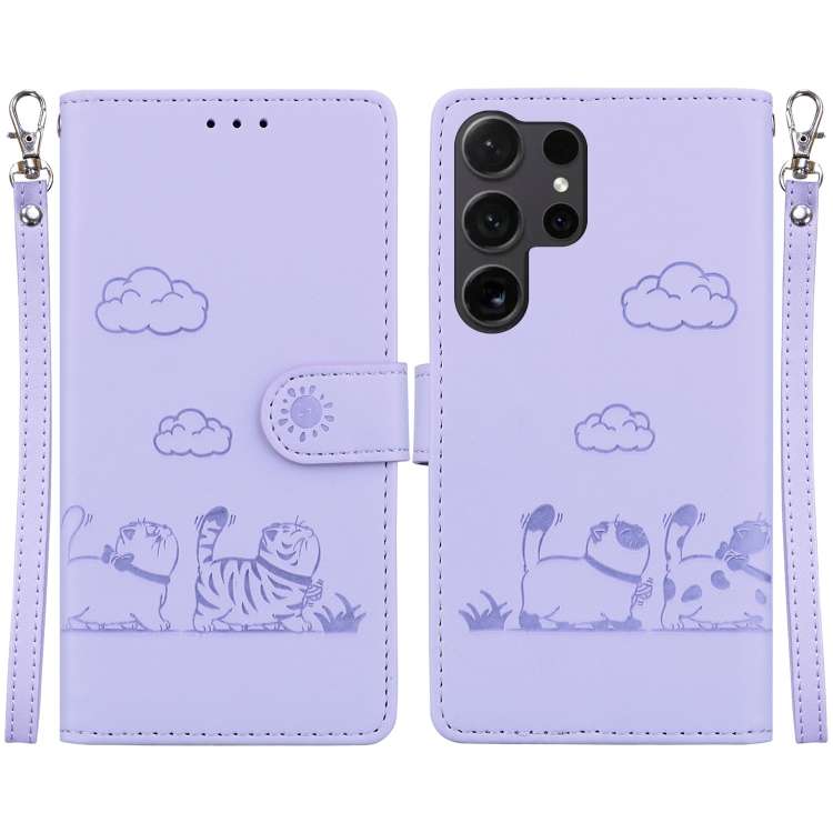 For Samsung Galaxy S25 Ultra 5G Cute Cats RFID Leather Phone Case(Purple)