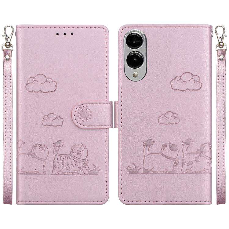 For Samsung Galaxy S25 Edge 5G Cute Cats RFID Leather Phone Case(Rose Gold)