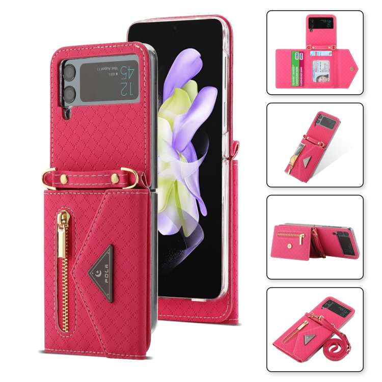 For Samsung Galaxy Z Flip4 POLA Grid Texture Multi-Card Slots Zipper Wallet Phone Case(Rose Red)