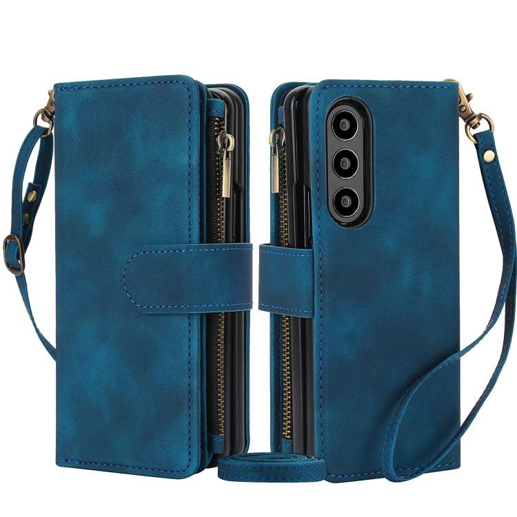 For Samsung Galaxy Z Fold4 5G Dream 9-Card Zipper Wallet RFID Leather Phone Case with L ... (Blue)