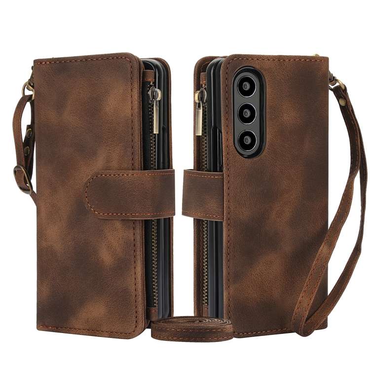 For Samsung Galaxy Z Fold4 5G Dream 9-Card Zipper Wallet RFID Leather Phone Case with ... (Brown)