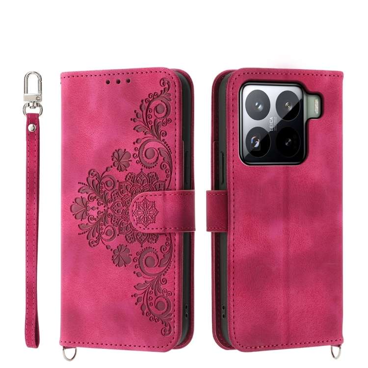For Xiaomi 15 Pro Skin Feel Flowers Embossed Wallet Leather Phone Case(Wine Red)