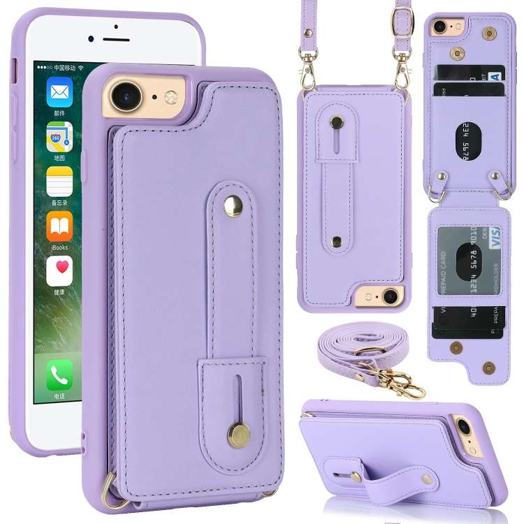 For iPhone SE 2022 / 2020 / 8 Wristband Vertical Flip Wallet Back Cover Phone Case wi ... (Purple)