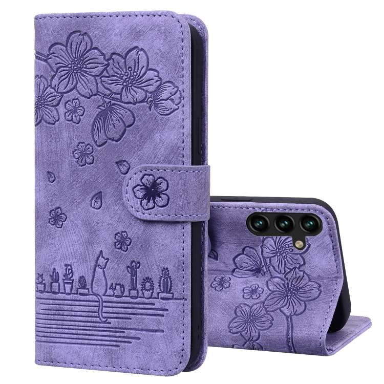 For Samsung Galaxy S24 FE 5G Cartoon Sakura Cat Embossed Leather Phone Case(Purple)