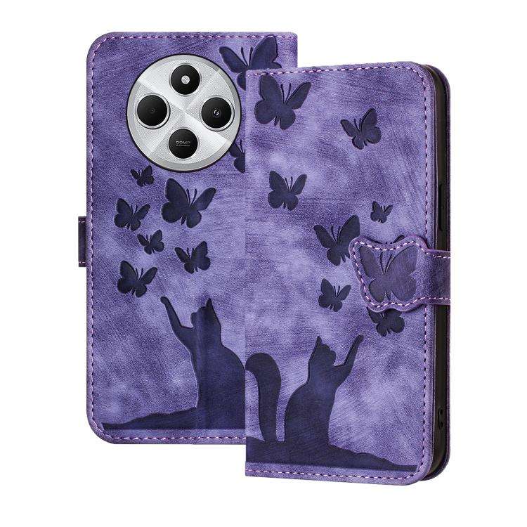 For Redmi A4 5G Butterfly Cat Embossing Flip Leather Phone Case(Purple)