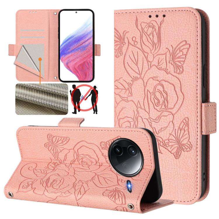 For Redmi K80 5G / K80 Pro 5G Embossed Rose RFID Anti-theft Leather Phone Case(Pink)