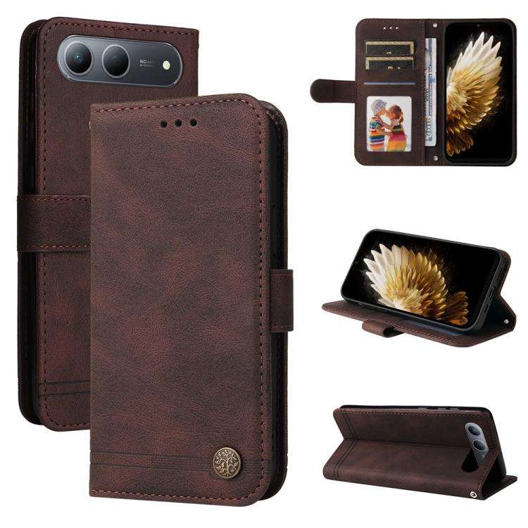 For Tecno Spark 40 5G / Spark Go 5G 2025 Skin Feel Life Tree Metal Button Leather Phon ... (Brown)