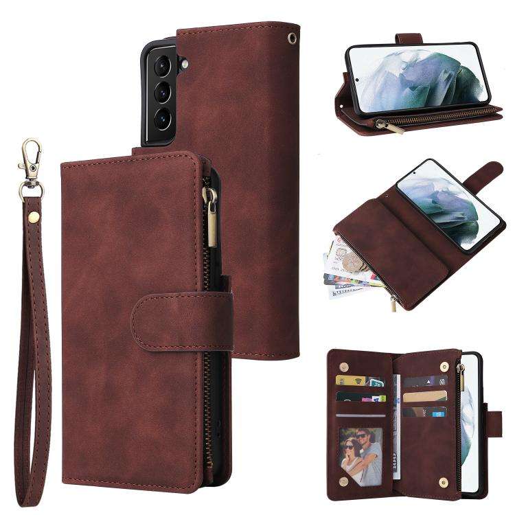 For Samsung Galaxy S22+ 5G Multifunctional Frosted Zipper Wallet Leather Phone Case(Coffee)