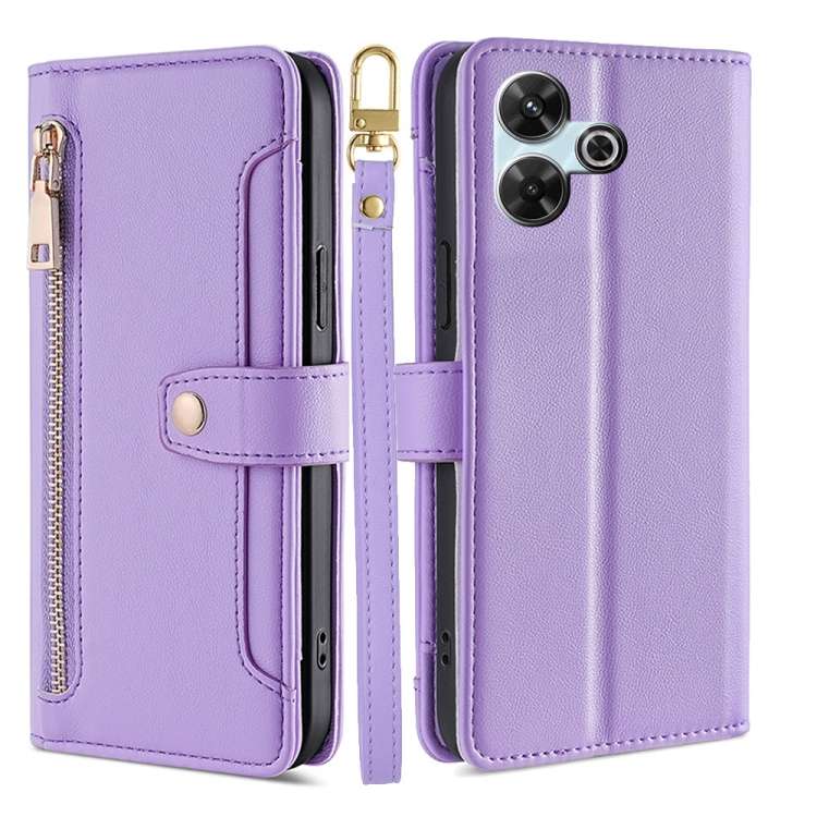 For Redmi 13 4G Sheep Texture Cross-body Zipper Wallet Leather Phone Case(Purple)