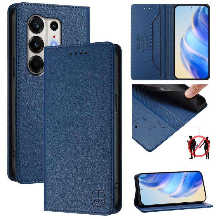 For Tecno Camon 50 Pro 4G RC01 Dual-Folded Magnetic Suction RFID Leather Phone Case(Dark Blue)