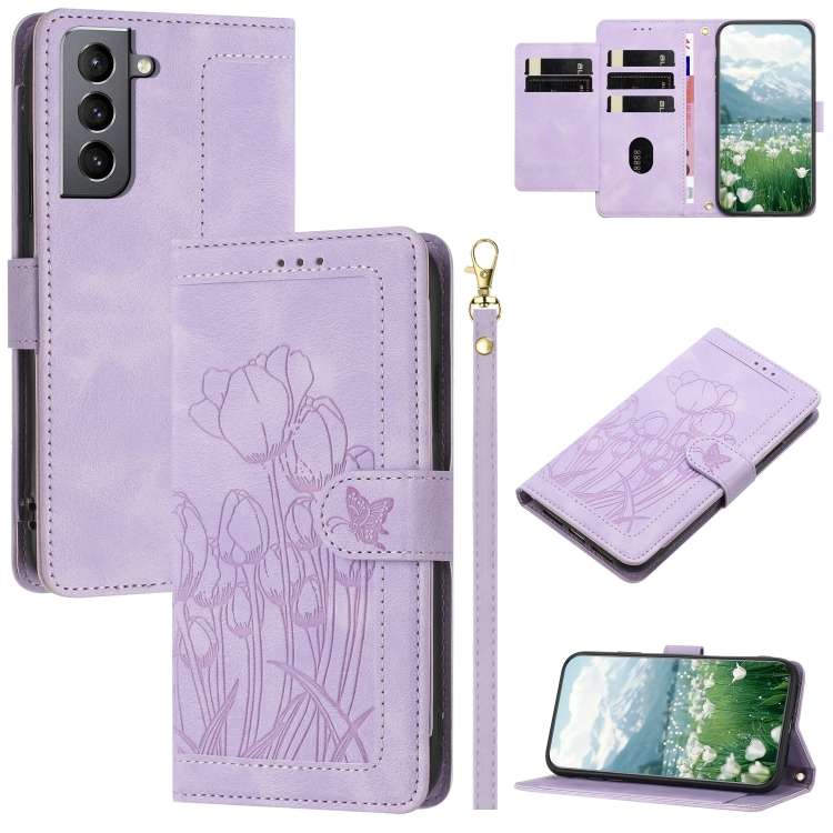 For Samsung Galaxy S22+ 5G Tulips Embossed Leather Phone Case with Lanyard(Purple)