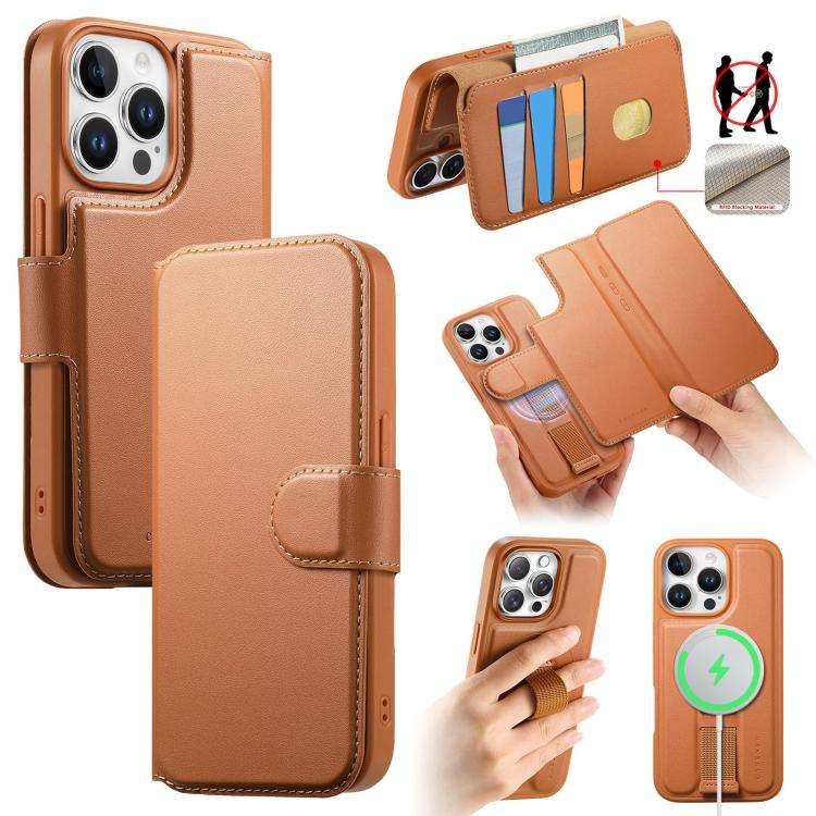 For iPhone 12 Pro Max CaseNeo Finger Grip Strap MagSafe Leather Phone Case(Brown)