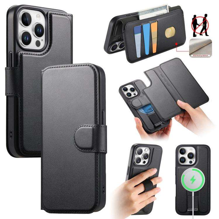 For iPhone 12 Pro Max CaseNeo Finger Grip Strap MagSafe Leather Phone Case(Black)