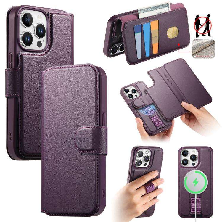 For iPhone 12 Pro Max CaseNeo Finger Grip Strap MagSafe Leather Phone Case(Purple)