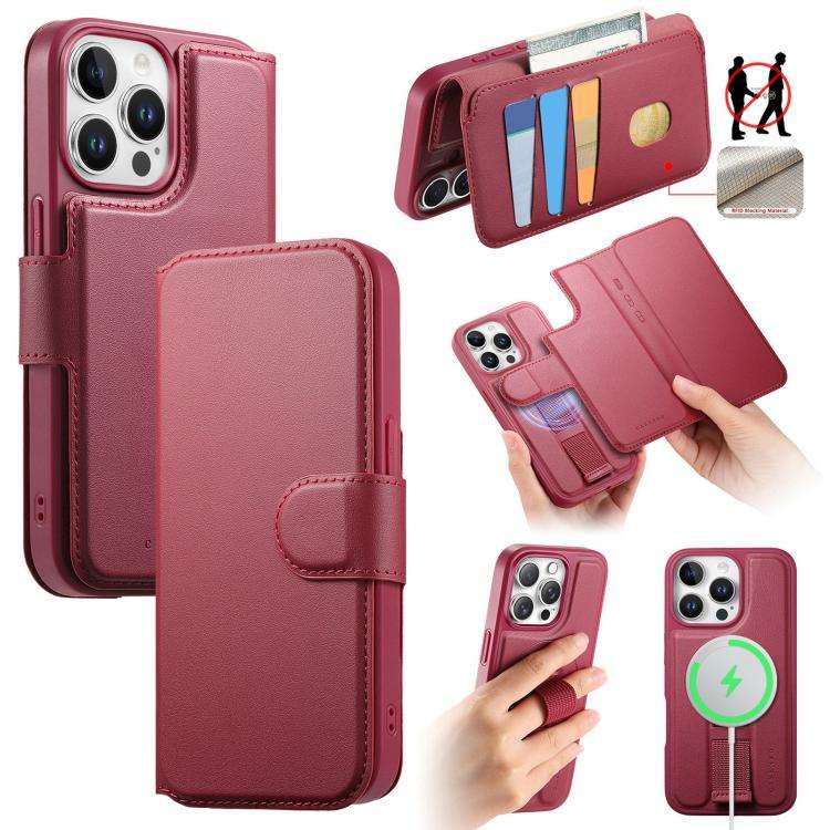 For iPhone 12 Pro Max CaseNeo Finger Grip Strap MagSafe Leather Phone Case(Red)