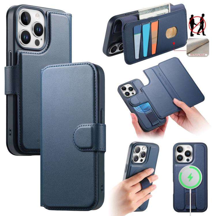 For iPhone 12 Pro Max CaseNeo Finger Grip Strap MagSafe Leather Phone Case(Blue)