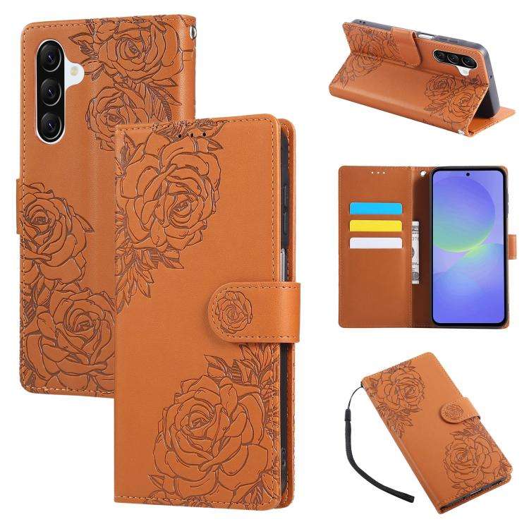 For Samsung Galaxy A57 5G Rose Flower Embossed 3-Card Slots Leather Phone Case(Brown)