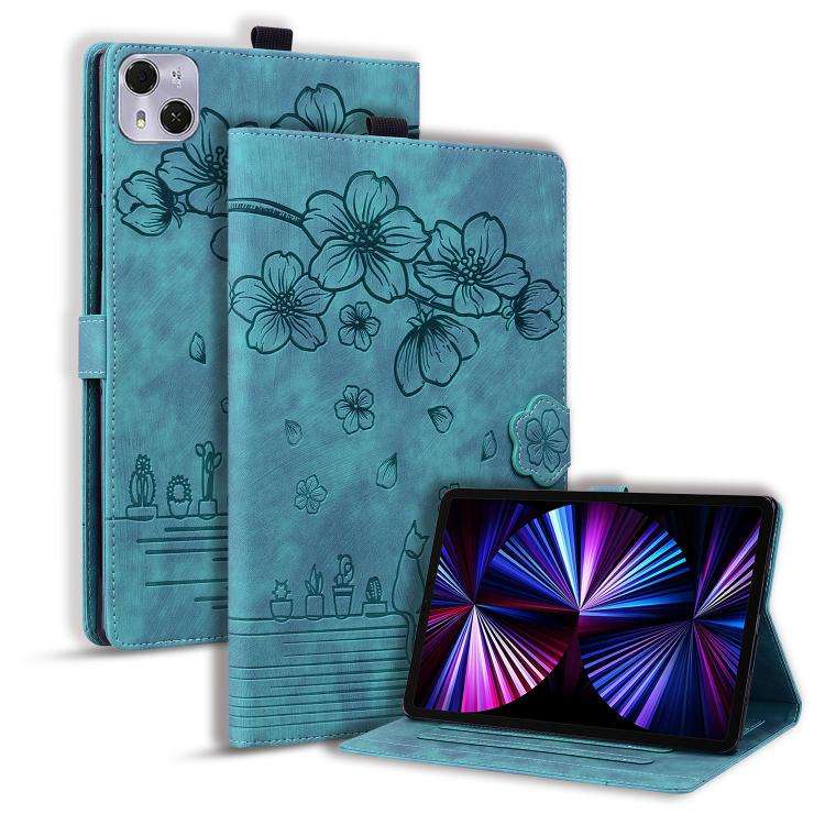 For Tecno MegaPad Pro 12 Cartoon Sakura Cat Embossed Leather Tablet Case(Green)