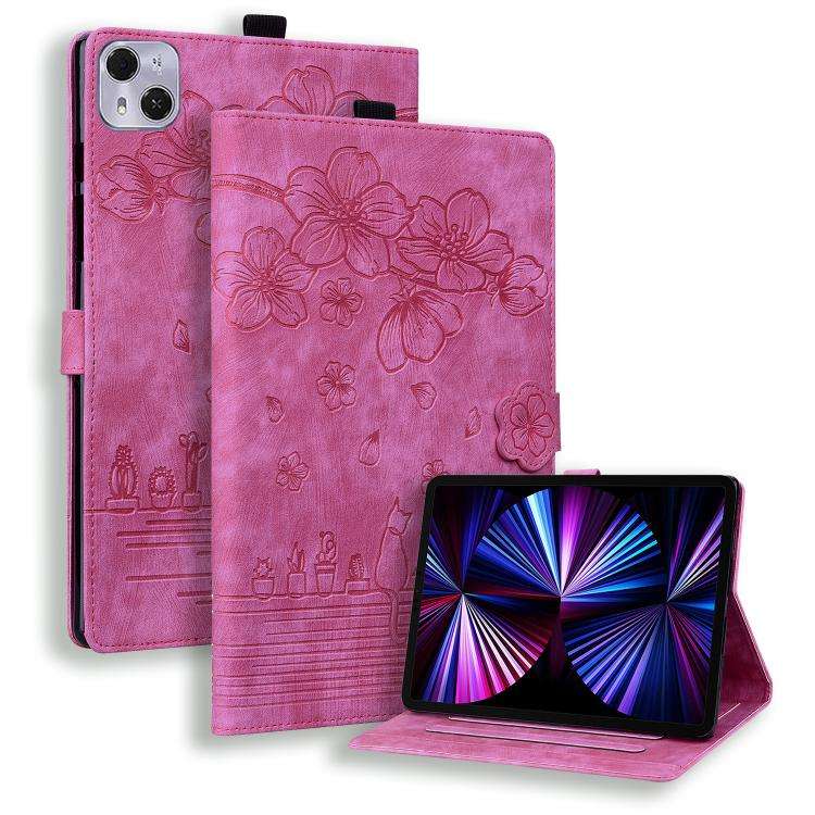 For Tecno MegaPad Pro 12 Cartoon Sakura Cat Embossed Leather Tablet Case(Rose Red)
